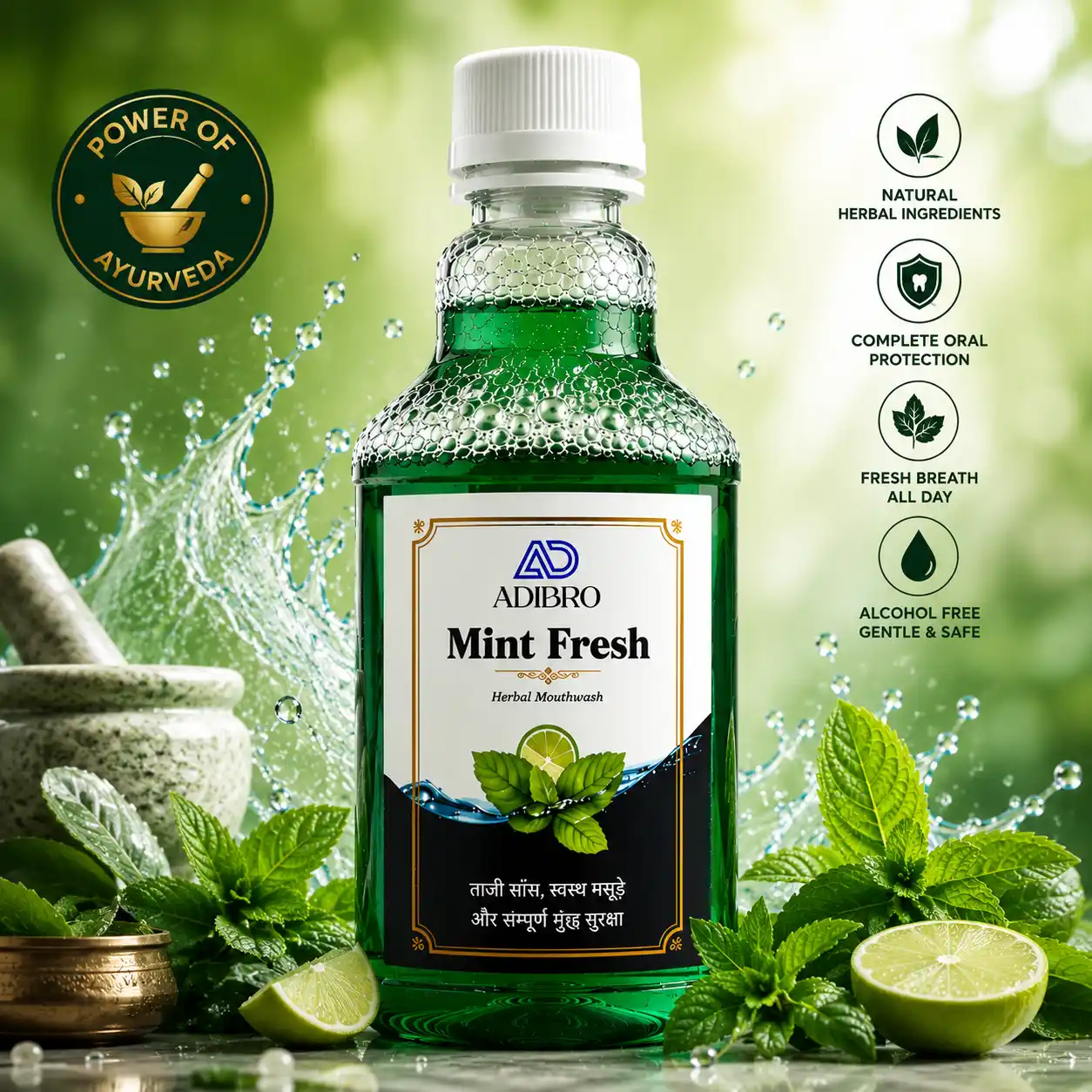 ADIBRO Mint Fresh Herbal Mouthwash for Bad Breath & Oral Care | Ayurvedic Mouth Rinse for Fresh Breath & Healthy Gums