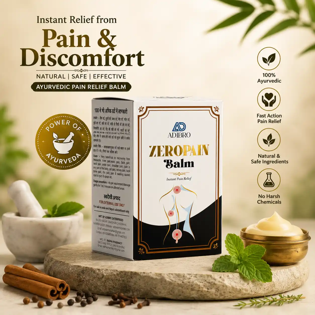 ADIBRO Zeropain Balm for Instant Pain Relief | Ayurvedic Herbal Balm for Headache, Joint & Muscle Pain thumbnail 2
