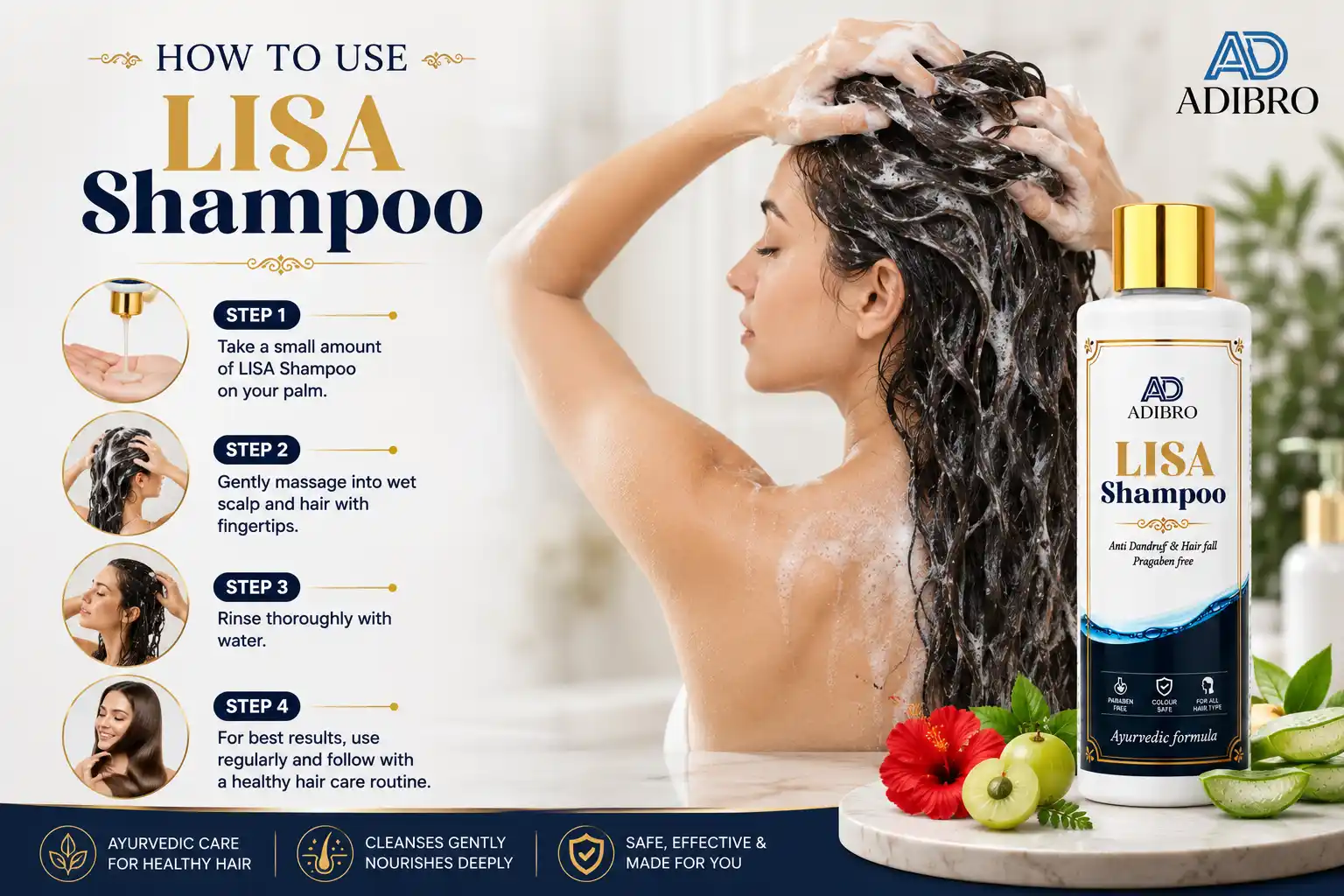 ADIBRO LISA Shampoo for Hair Fall & Dandruff Control | Ayurvedic Herbal Shampoo for Men & Women