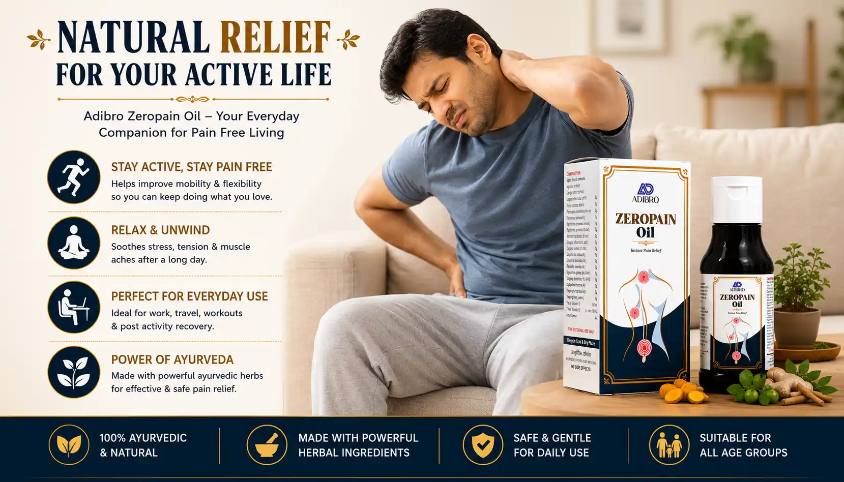 ADIBRO Zeropain Oil for Joint & Muscle Pain Relief | Ayurvedic Herbal Massage Oil for Body Pain Support thumbnail 2