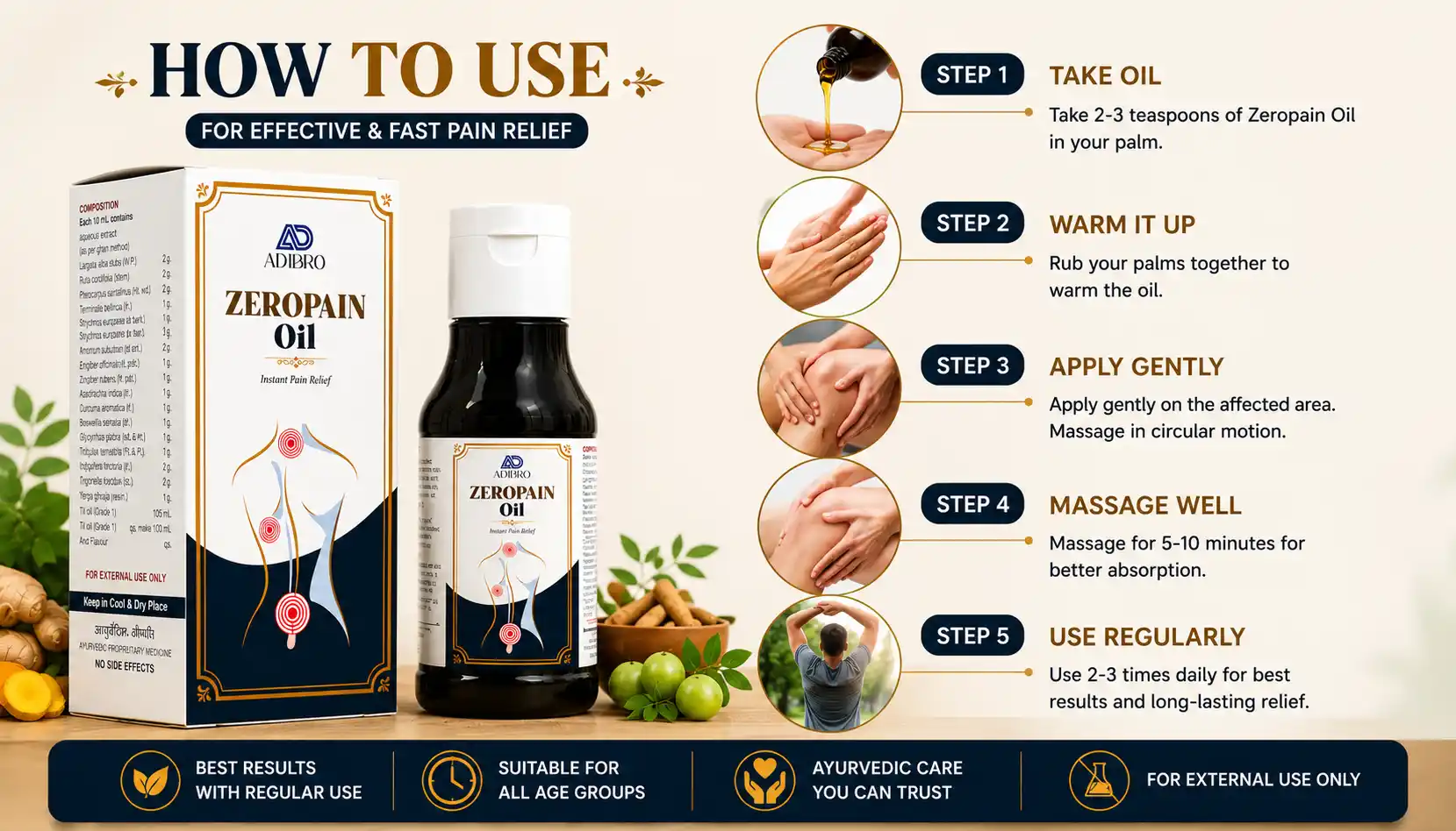 ADIBRO Zeropain Oil for Joint & Muscle Pain Relief | Ayurvedic Herbal Massage Oil for Body Pain Support thumbnail 3