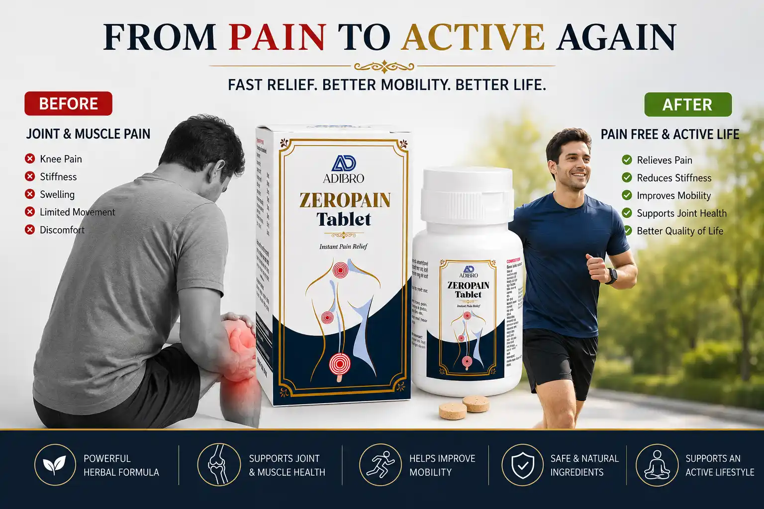 ADIBRO Zeropain Tablet for Joint & Muscle Pain Relief | Ayurvedic Herbal Tablets for Knee, Back & Body Pain Support thumbnail 2