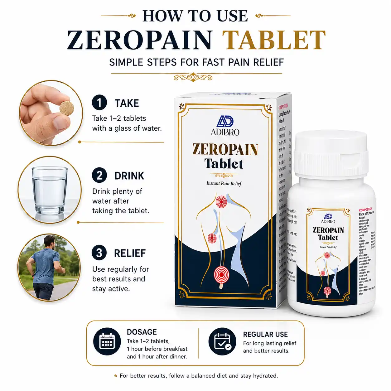 ADIBRO Zeropain Tablet for Joint & Muscle Pain Relief | Ayurvedic Herbal Tablets for Knee, Back & Body Pain Support thumbnail 3