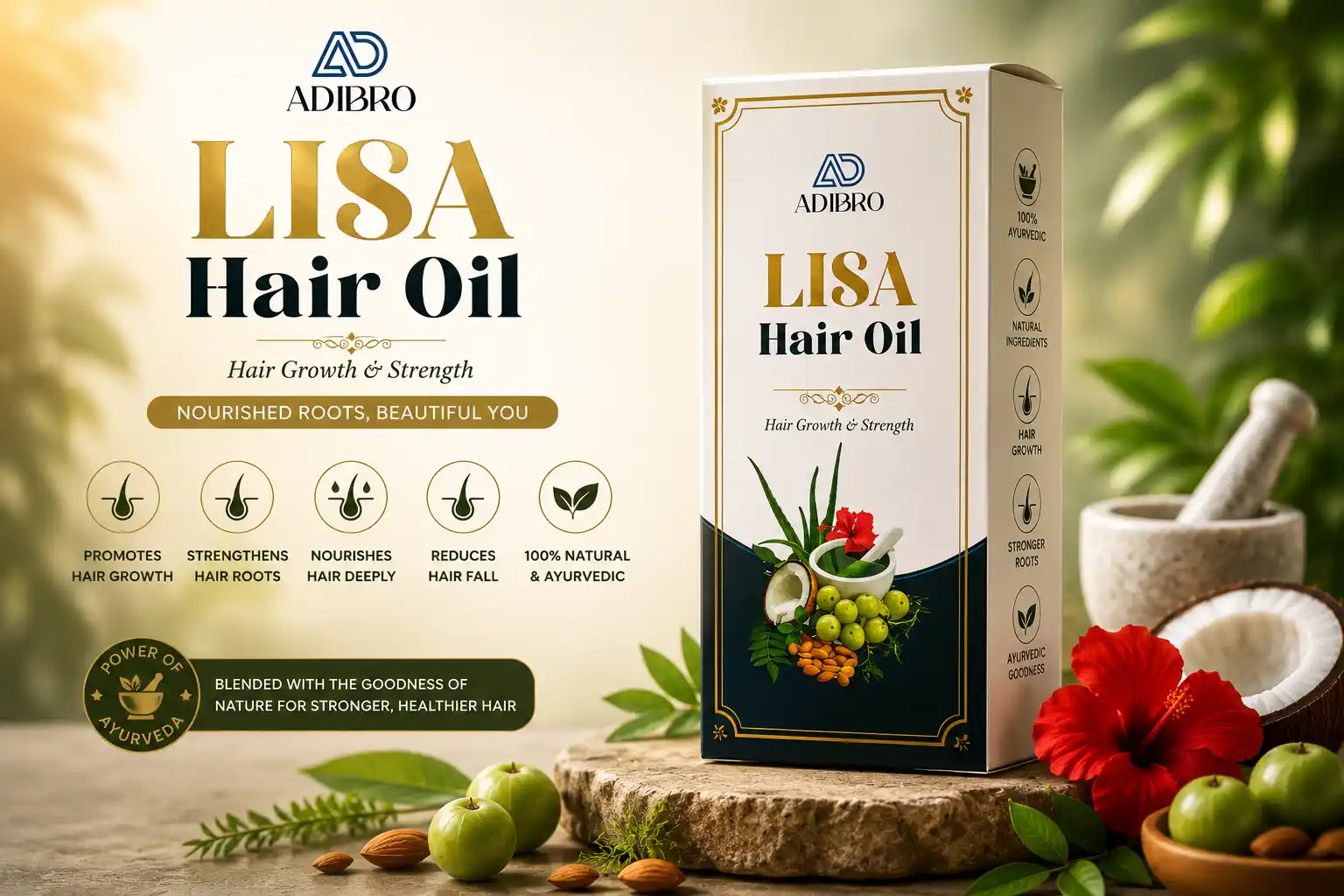 ADIBRO LISA Hair Oil for Hair Growth & Strength | Ayurvedic Herbal Hair Oil for Hair Fall Control & Scalp Care