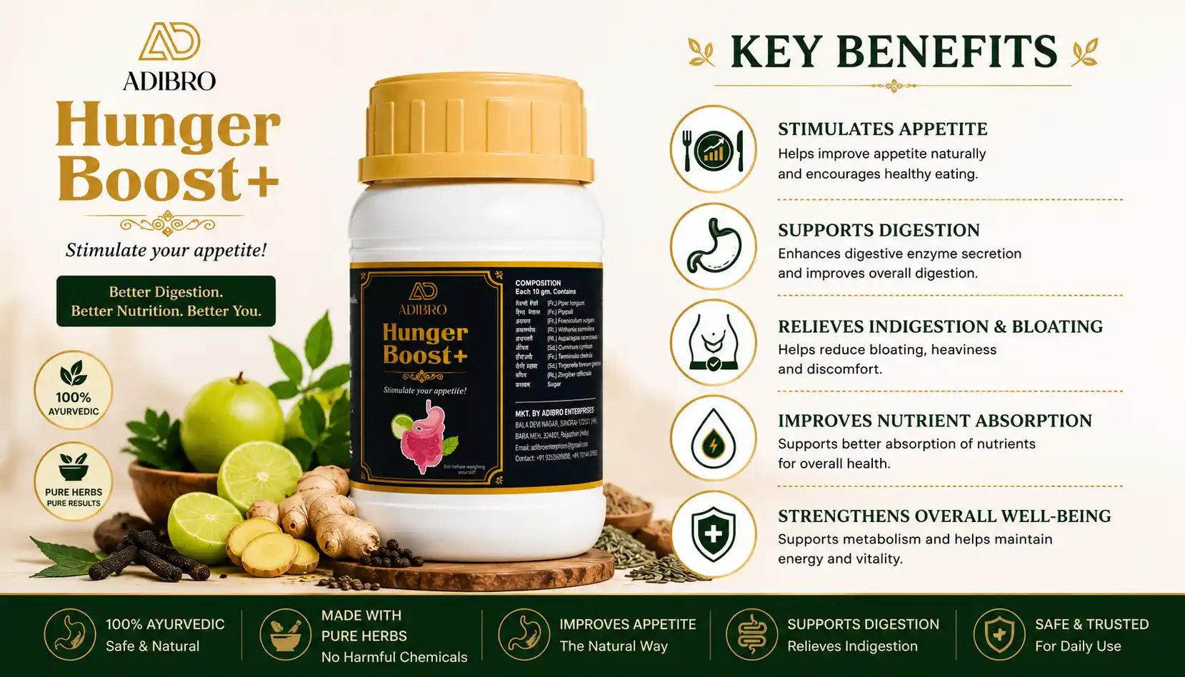 ADIBRO Hunger Boost+ Appetite Booster Powder | Ayurvedic Herbal Supplement for Healthy Digestion & Appetite Support thumbnail 6