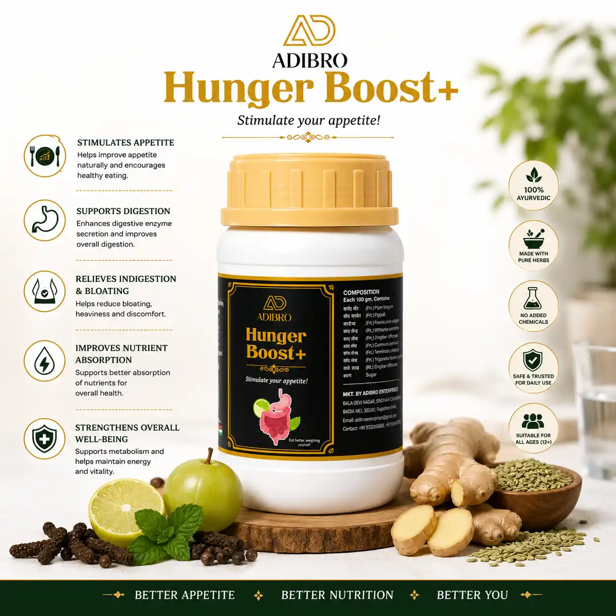 ADIBRO Hunger Boost+ Appetite Booster Powder | Ayurvedic Herbal Supplement for Healthy Digestion & Appetite Support