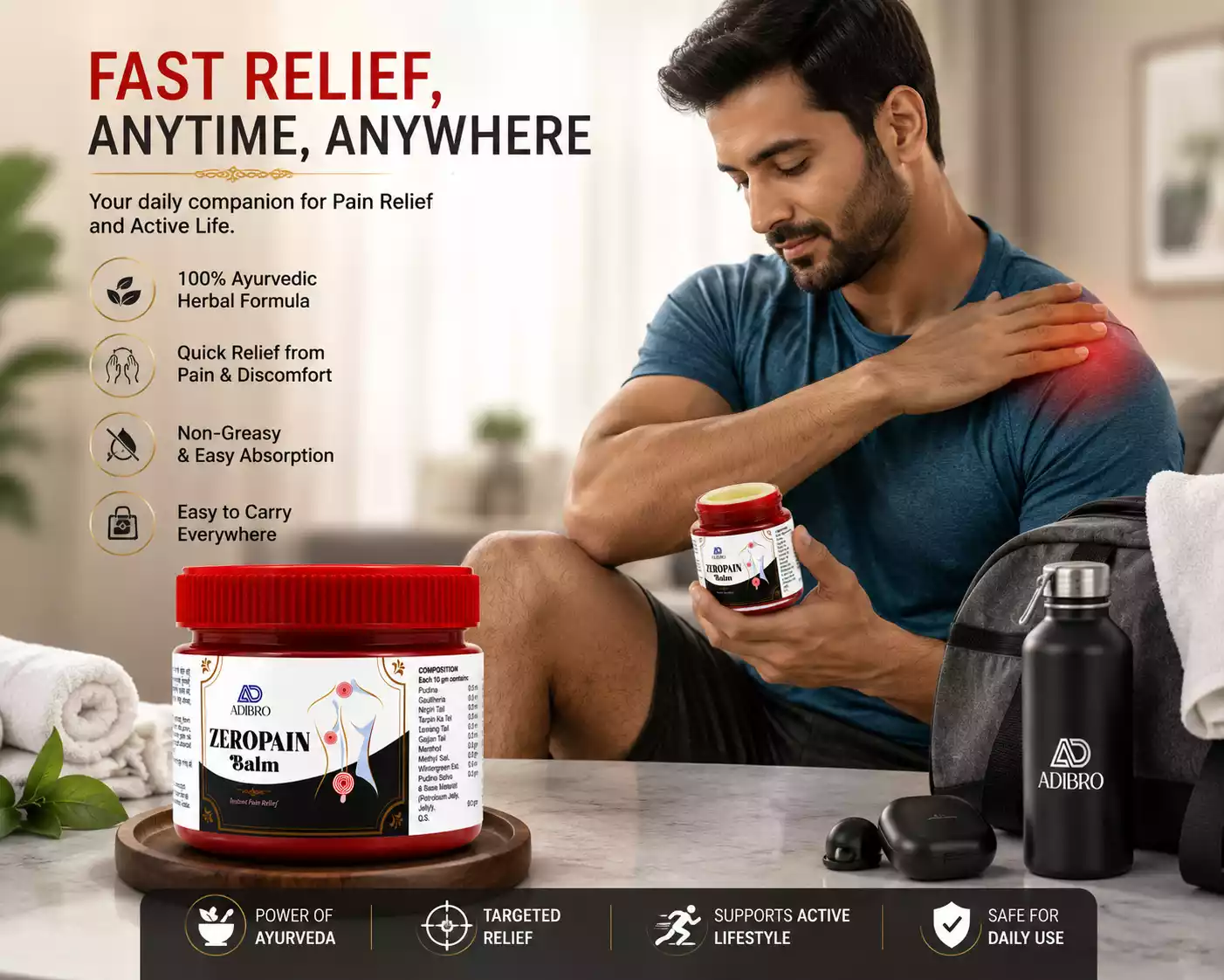 ADIBRO Zeropain Balm for Instant Pain Relief | Ayurvedic Herbal Balm for Headache, Joint & Muscle Pain thumbnail 3