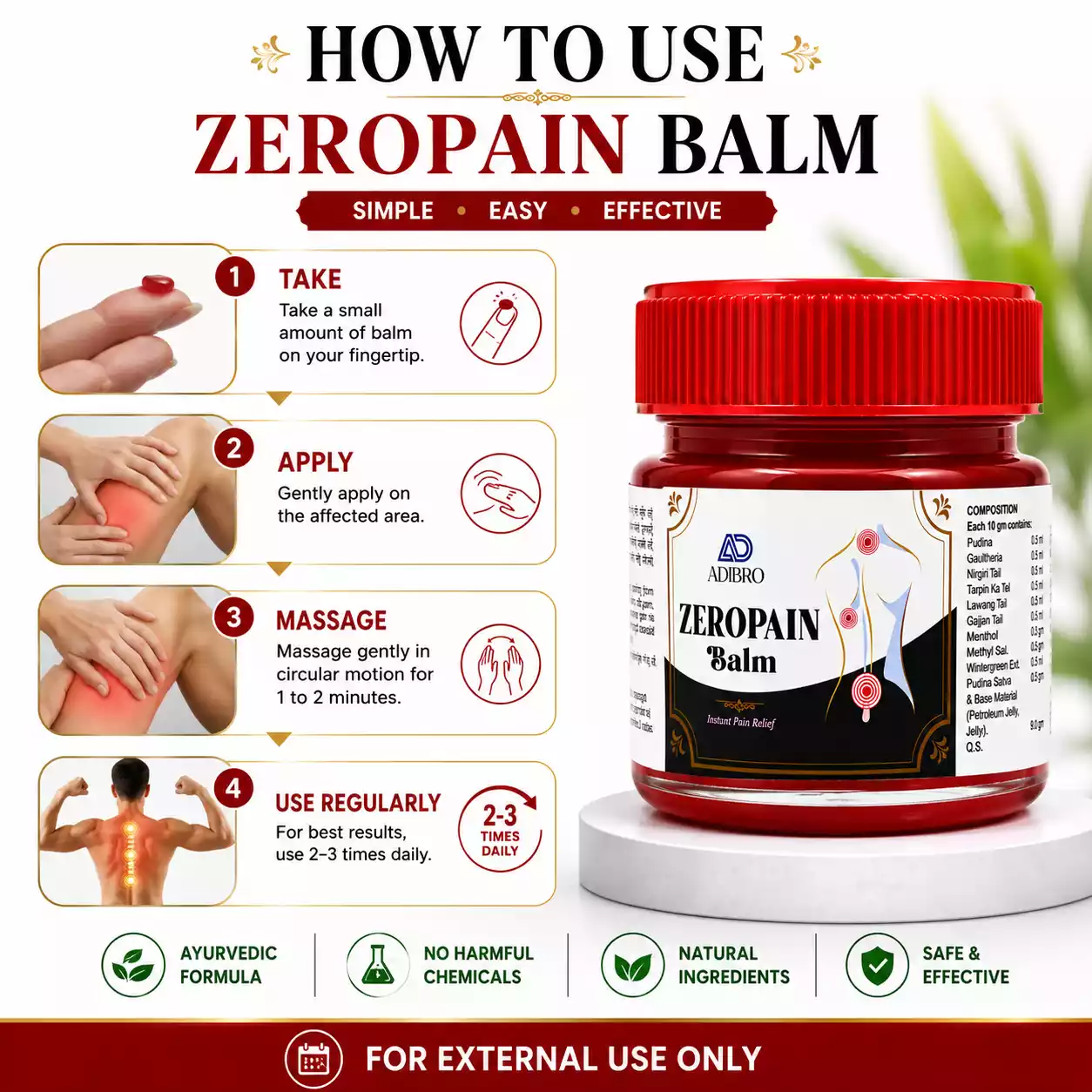 ADIBRO Zeropain Balm for Instant Pain Relief | Ayurvedic Herbal Balm for Headache, Joint & Muscle Pain thumbnail 4