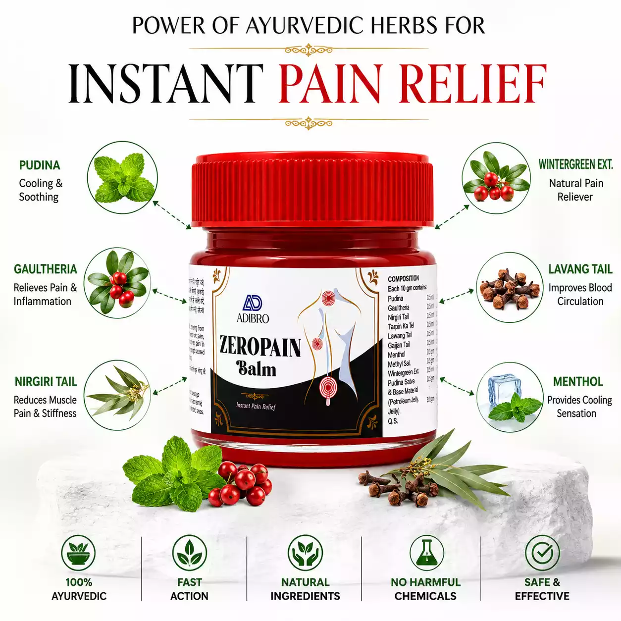 ADIBRO Zeropain Balm for Instant Pain Relief | Ayurvedic Herbal Balm for Headache, Joint & Muscle Pain thumbnail 5