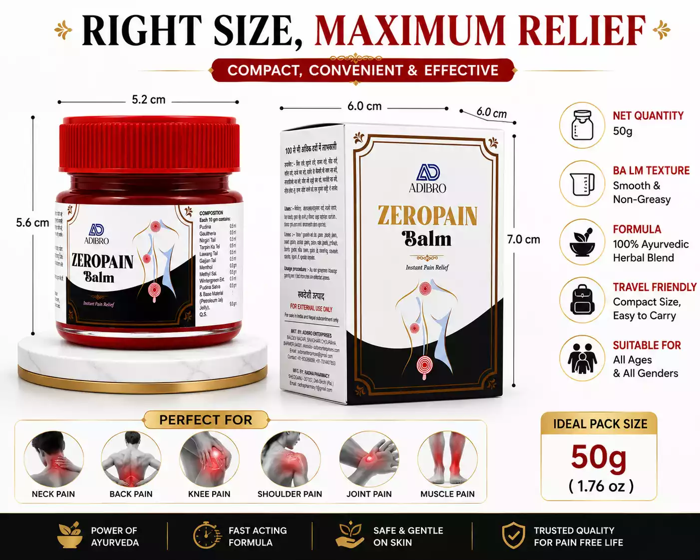 ADIBRO Zeropain Balm for Instant Pain Relief | Ayurvedic Herbal Balm for Headache, Joint & Muscle Pain thumbnail 6